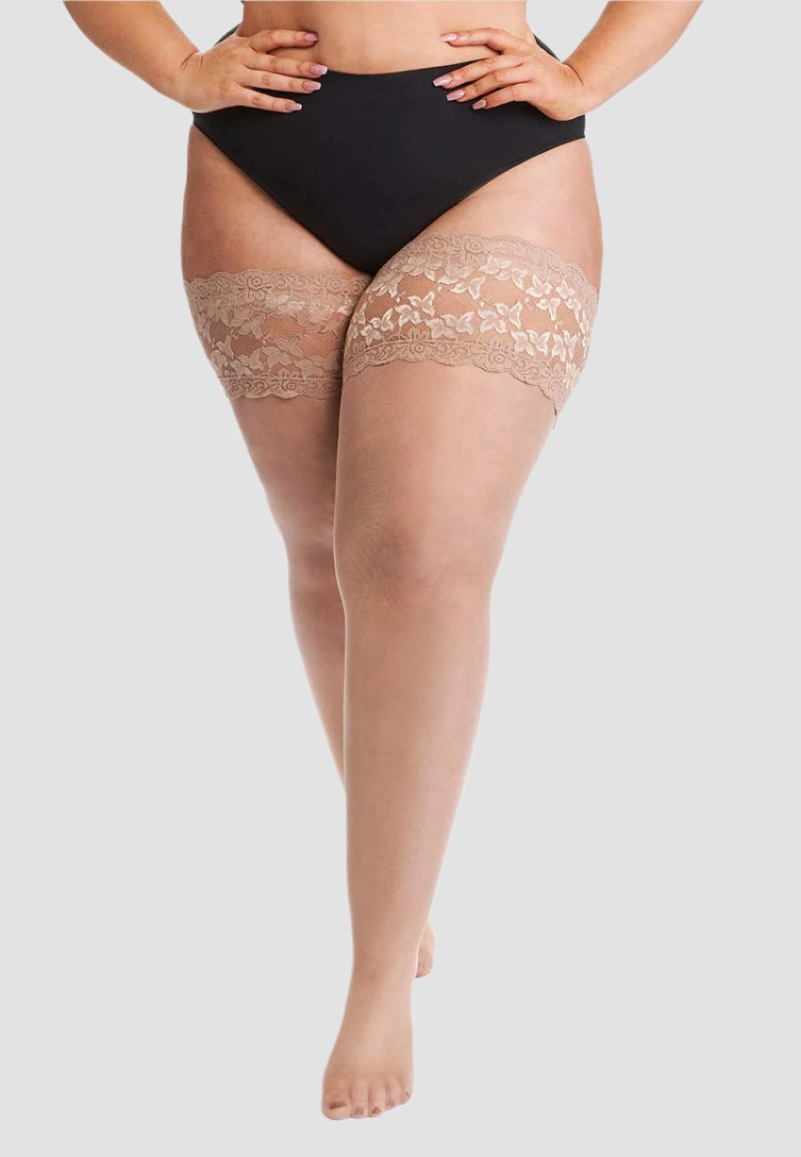 All Woman 20 denier plus size hold ups with soft Italian lace The Big Bloomers Company